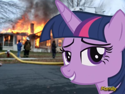 Size: 600x450 | Tagged: safe, edit, twilight sparkle, twilight sparkle (alicorn), alicorn, pony, close-up, disaster girl, disaster sparkle, discovery family logo, fake screencap, fire, irl, photo, pure unfiltered evil