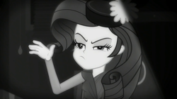 Size: 1920x1080 | Tagged: safe, screencap, rarity, better together, equestria girls, rarity investigates: the case of the bedazzled boot, detective rarity, look at all the fucks i give, monochrome, noir, rarity investigates (eqg): applejack, solo