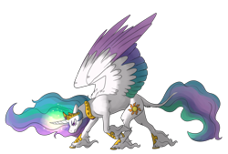 Size: 4300x2900 | Tagged: safe, alternate version, artist:animalstamp, princess celestia, alicorn, pony, angry, colored wings, cutie mark, ethereal mane, female, glowing horn, horn, jewelry, leonine tail, mare, regalia, simple background, solo, spread wings, transparent background, unshorn fetlocks, wings