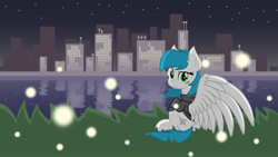 Size: 6803x3827 | Tagged: safe, artist:zylgchs, derpibooru exclusive, derpibooru import, oc, oc only, oc:cynosura, firefly (insect), city, cityscape, clothes, dreamworks face, grass, hoodie, looking at you, looking back, looking back at you, night, reflection, sitting, solo, spread wings, vector, wallpaper, water, windswept mane, wings