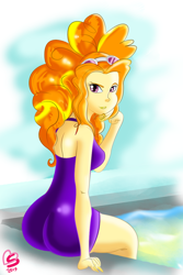 Size: 800x1200 | Tagged: safe, artist:burnt-sprinkles, adagio dazzle, equestria girls, ass, clothes, goggles, looking at you, one-piece swimsuit, signature, solo, swimming pool, swimsuit