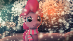 Size: 2560x1440 | Tagged: safe, artist:amfixer0, pinkie pie, earth pony, pony, 3d, clothes, sad, scarf, snow, snowfall, solo, source filmmaker