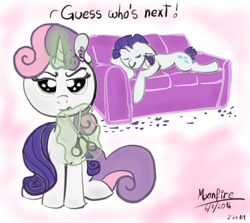 Size: 2048x1828 | Tagged: safe, artist:moonfire, rarity, sweetie belle, pony, unicorn, dialogue, pure unfiltered evil, scissors, sleeping, sofa, this will end in tears