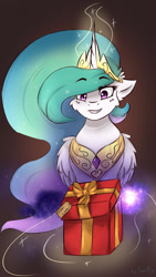 Size: 607x1080 | Tagged: safe, artist:tavifly, princess celestia, alicorn, pony, box, bust, cheek fluff, christmas, happy, holiday, magic, my little brony risovach, new year, present, smiling, solo