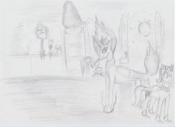 Size: 2336x1696 | Tagged: safe, artist:coppercat25, derpibooru exclusive, princess celestia, princess luna, alicorn, pony, cake, female, food, grayscale, monochrome, moon, s1 luna, sketch, traditional art