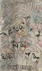 Size: 763x1280 | Tagged: safe, artist:whistle blossom, derpibooru import, idw, applejack, fluttershy, pinkie pie, rainbow dash, rarity, twilight sparkle, unicorn twilight, earth pony, pegasus, pony, unicorn, female, mane six, mare, my little pony, tongue out, traditional art