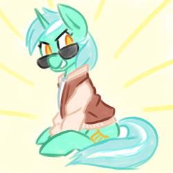 Size: 700x700 | Tagged: safe, artist:goat train, lyra heartstrings, pony, unicorn, clothes, colored pupils, grin, jacket, sitting, smiling, solo, sunglasses