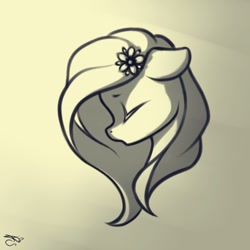 Size: 600x600 | Tagged: safe, artist:freeedon, fluttershy, pegasus, pony, bust, eyes closed, floppy ears, flower, flower in hair, monochrome, portrait, profile, solo