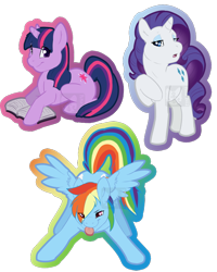 Size: 572x715 | Tagged: safe, artist:rika, derpibooru import, rainbow dash, rarity, twilight sparkle, unicorn twilight, pegasus, pony, unicorn, badge, book, con badge, female, lidded eyes, looking at you, mare, open mouth, prone, raised hoof, simple background, smiling, spread wings, tongue out, transparent background, watermark, wings