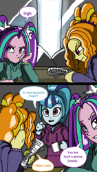 Size: 720x1280 | Tagged: safe, artist:miracle32, adagio dazzle, aria blaze, sonata dusk, equestria girls, friendship games, cup, dialogue, newspaper, the dazzlings