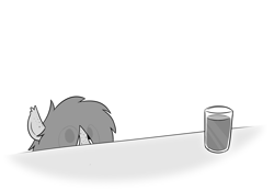 Size: 2000x1385 | Tagged: safe, artist:modocrisma, oc, oc only, oc:sobakasu, earth pony, pony, 4chan, chocolate, chocolate milk, cup, ear fluff, ear freckles, everything is ruined, eye clipping through hair, fluffy, freckles, glass, hidden eyes, impending doom, looking at you, male, meme, milk, monochrome, ponysona, pure unfiltered evil, simple background, solo, teenager, white background