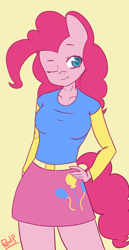 Size: 800x1550 | Tagged: safe, artist:redprep, pinkie pie, anthro, breasts, clothes, cute, female, hand on hip, one eye closed, skirt, solo, wink