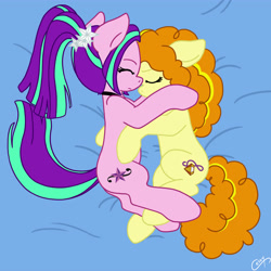 Size: 5000x5000 | Tagged: safe, artist:cessywotn, adagio dazzle, aria blaze, pony, absurd resolution, adaria, adoragio, ariabetes, bed, commission, cuddling, cute, female, lesbian, pigtails, shipping, simple background, sleeping, snuggling