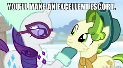 Size: 600x337 | Tagged: safe, edit, edited screencap, screencap, pistachio, rarity, earth pony, pony, unicorn, best gift ever, caption, female, image macro, implied prostitution, innuendo, mare, text