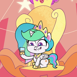 Size: 1080x1080 | Tagged: safe, edit, edited screencap, screencap, princess celestia, alicorn, pony, my little pony: pony life, princess probz, spoiler:pony life s01e01, chocolate, chocolate milk, cropped, everything is ruined, exploitable meme, lip bite, meme, milk, pure unfiltered evil, solo, spilled milk, throne, trollestia