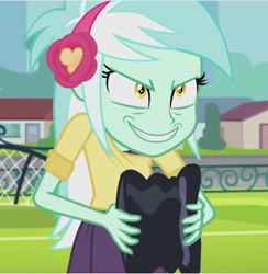 Size: 420x431 | Tagged: safe, edit, edited screencap, screencap, lyra heartstrings, all's fair in love and friendship games, equestria girls, friendship games, creepy, creepy smile, evil grin, grin, hat, insanity, inverted mouth, jealous, pure unfiltered evil, sin of envy, smiling, solo, this will end in pain