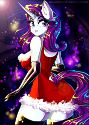 Size: 2893x4092 | Tagged: safe, artist:minamikoboyasy, rarity, anthro, breasts, christmas, clothes, curved horn, evening gloves, female, gloves, holiday, horn, long gloves, looking back, solo