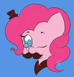 Size: 770x800 | Tagged: safe, artist:hedgehog-plant, pinkie pie, earth pony, pony, bust, facial hair, female, hat, heart eyes, mare, monocle, moustache, portrait, simple background, solo, top hat, wingding eyes