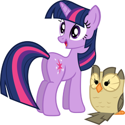 Size: 3549x3534 | Tagged: safe, artist:porygon2z, derpibooru import, owlowiscious, twilight sparkle, unicorn twilight, bird, owl, pony, unicorn, butt, duo, female, high res, looking back, looking over shoulder, mare, plot, simple background, solo, transparent background, twibutt, vector