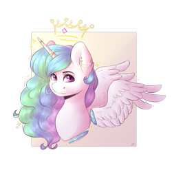 Size: 2000x2000 | Tagged: safe, artist:spirit-dude, princess celestia, alicorn, pony, bust, crown, ear piercing, female, horn, horn ring, jewelry, looking at you, mare, piercing, regalia, solo, wings