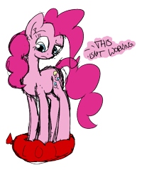 Size: 479x552 | Tagged: safe, artist:shikogo, colorist:qtluna, edit, pinkie pie, earth pony, pony, balloon, balloon popping, simple background, sketch, solo, text, transparent background