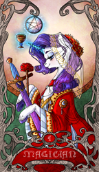 Size: 822x1425 | Tagged: safe, artist:sourcherry, rarity, pony, unicorn, clothes, cup, hair accessory, levitation, magic, magician, major arcana, mirror, modern art, nouveau, pentagram, solo, sword, tarot, tarot card, telekinesis, the magician, veil, wand, weapon