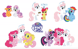 Size: 1694x1080 | Tagged: safe, derpibooru import, apple bloom, nurse redheart, pinkie pie, rainbow dash, scootaloo, sweetie belle, twilight sparkle, twilight sparkle (alicorn), alicorn, earth pony, pegasus, pony, unicorn, bandage, bipedal, china, chinese, international nurse day, official, scale, simple background, stock vector, thermometer, white background