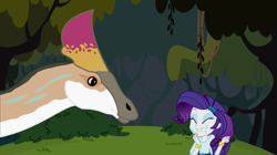 Size: 6999x3908 | Tagged: safe, artist:ds59, rarity, dinosaur, equestria girls, eyes closed, implied licking, jungle, licking, licking face, olorotitan, smiley face, smiling