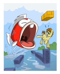 Size: 800x979 | Tagged: dead source, safe, artist:sibsy, oc, oc:mandopony, earth pony, fish, pony, crossover, imminent vore, male, nintendo, open mouth, stallion, super mario bros., super mario bros. 3, water