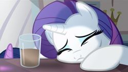 Size: 800x448 | Tagged: safe, derpibooru import, edit, screencap, rarity, twilight sparkle, pony, unicorn, canterlot boutique, chocolate milk, chubby cheeks, implied spilled milk, lurking, meme, pure unfiltered evil, sad, sleeping, soon, this will end in tears, this will end with a black eye