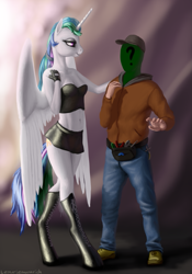 Size: 975x1392 | Tagged: safe, artist:lemurlemurovich, princess celestia, oc, oc:anon, anthro, male, size difference, smaller male