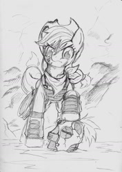 Size: 1252x1766 | Tagged: safe, artist:commissarbu, applejack, earth pony, pony, alternate timeline, bandana, crystal war timeline, helmet, monochrome, scar, solo, traditional art