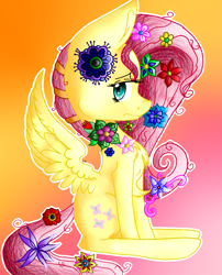 Size: 1405x1741 | Tagged: safe, artist:pinkponylover, fluttershy, pegasus, pony, flower, flower in hair, solo