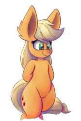 Size: 1000x1500 | Tagged: safe, artist:heir-of-rick, applejack, earth pony, pony, semi-anthro, daily apple pony, applebucking thighs, bipedal, ear fluff, impossibly large ears, solo