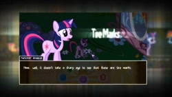 Size: 1280x720 | Tagged: safe, derpibooru import, rainbow dash, scootaloo, twilight sparkle, unicorn twilight, pegasus, pony, unicorn, carousel boutique, dialogue, dialogue box, female, filly, my little investigations, reference in the description, tire marks