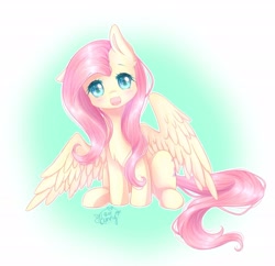 Size: 2048x1981 | Tagged: safe, artist:雪娜, fluttershy, pegasus, pony, :d, blushing, chest fluff, colored pupils, cute, ear down, female, floppy ears, gradient background, happy, looking at you, mare, open mouth, shyabetes, signature, simple background, sitting, smiling, solo, spread wings, teal background