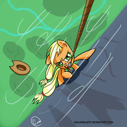 Size: 1024x1024 | Tagged: safe, artist:chaosmalefic, applejack, earth pony, pony, climbing, rope, solo, vertigo