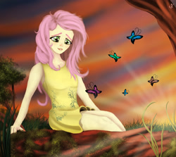Size: 2679x2387 | Tagged: safe, artist:vinicius040598, fluttershy, butterfly, human, clothes, crepuscular rays, dress, humanized, looking at something, sitting, solo, sunset, tree, twilight (astronomy)