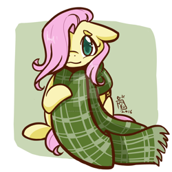 Size: 1024x1024 | Tagged: safe, artist:leafbunny, fluttershy, pegasus, pony, :3, clothes, colored pupils, cute, floppy ears, hair over one eye, looking at you, oversized clothes, scarf, shyabetes, sitting, solo, watermark