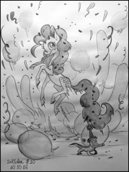 Size: 777x1037 | Tagged: safe, artist:natanatfan, gummy, pinkie pie, earth pony, pony, balloon, confetti, cute, hat, inktober, jumping, monochrome, party hat, party horn, pet, streamers, traditional art