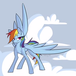 Size: 3000x3000 | Tagged: safe, artist:ashgray_art, derpibooru import, rainbow dash, pegasus, pony, cloud, colored pupils, female, high res, mare, on a cloud, sky, solo, spread wings, wings