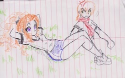 Size: 2257x1417 | Tagged: safe, artist:orochivanus, adagio dazzle, ms. harshwhinny, equestria girls, clothes, grass, gym uniform, lined paper, on back, shoes, shorts, sneakers, t-shirt, traditional art