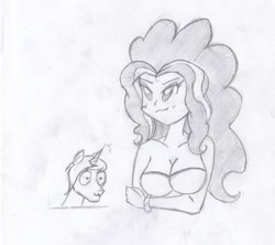 Size: 949x842 | Tagged: safe, artist:demongmod, adagio dazzle, pony, unicorn, equestria girls, rainbow rocks, adagiazonga dazzle, breasts, female, humanized, male, monochrome, stallion, traditional art