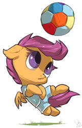 Size: 836x1300 | Tagged: safe, artist:atryl, scootaloo, pegasus, pony, :o, ball, chibi, clothes, cute, cutealoo, ear fluff, female, filly, floppy ears, football, leg fluff, looking at something, looking up, open mouth, simple background, solo, sports, spread wings, white background, wings