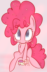 Size: 1264x1905 | Tagged: safe, anonymous artist, pinkie pie, earth pony, pony, cake, filly, filly pinkie pie, food, looking at you, messy eating, simple background, solo