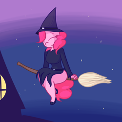 Size: 2250x2250 | Tagged: safe, artist:mr-degration, pinkie pie, anthro, plantigrade anthro, broom, clothes, costume, eyes closed, flying, flying broomstick, hat, night, nightmare night, sitting, smiling, solo, stars, witch, witch hat