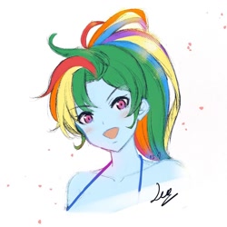 Size: 1080x1080 | Tagged: safe, artist:lightmegatron, derpibooru import, rainbow dash, equestria girls, :d, bust, female, signature, simple background, smiling, solo, white background