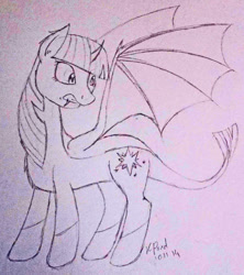 Size: 842x950 | Tagged: safe, artist:missitofu, derpibooru import, twilight sparkle, twilight sparkle (alicorn), alicorn, dracony, pony, female, mare, monochrome, solo, traditional art