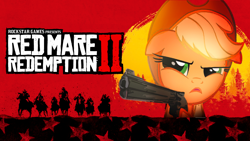 Size: 1920x1080 | Tagged: safe, artist:zidanemina, derpibooru import, edit, editor:sponandi, applejack, horse, human, 16:9, box art, floppy ears, gun, handgun, meme, old west, parody, red dead redemption, red dead redemption 2, rockstar games, silhouette, solo, vector, vector edit, video game, wallpaper, weapon