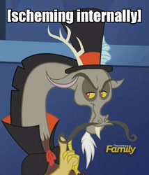 Size: 879x1028 | Tagged: safe, screencap, discord, what about discord?, dastardly whiplash, descriptive noise, discovery family logo, image macro, meme, pure unfiltered evil, reaction image, solo, x internally